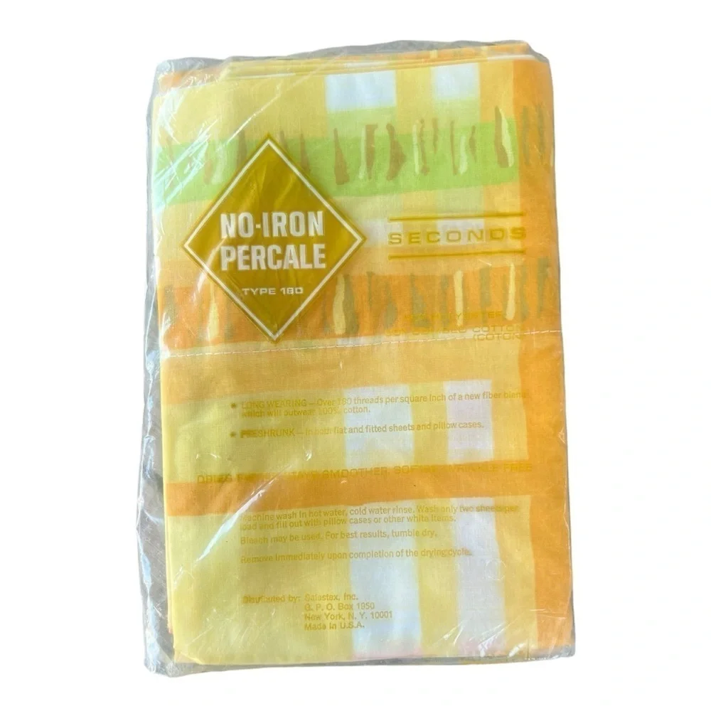 Vintage Abstract Pillowcase Set NOS Salestex No-Iron Percale Standard 70s Yellow
